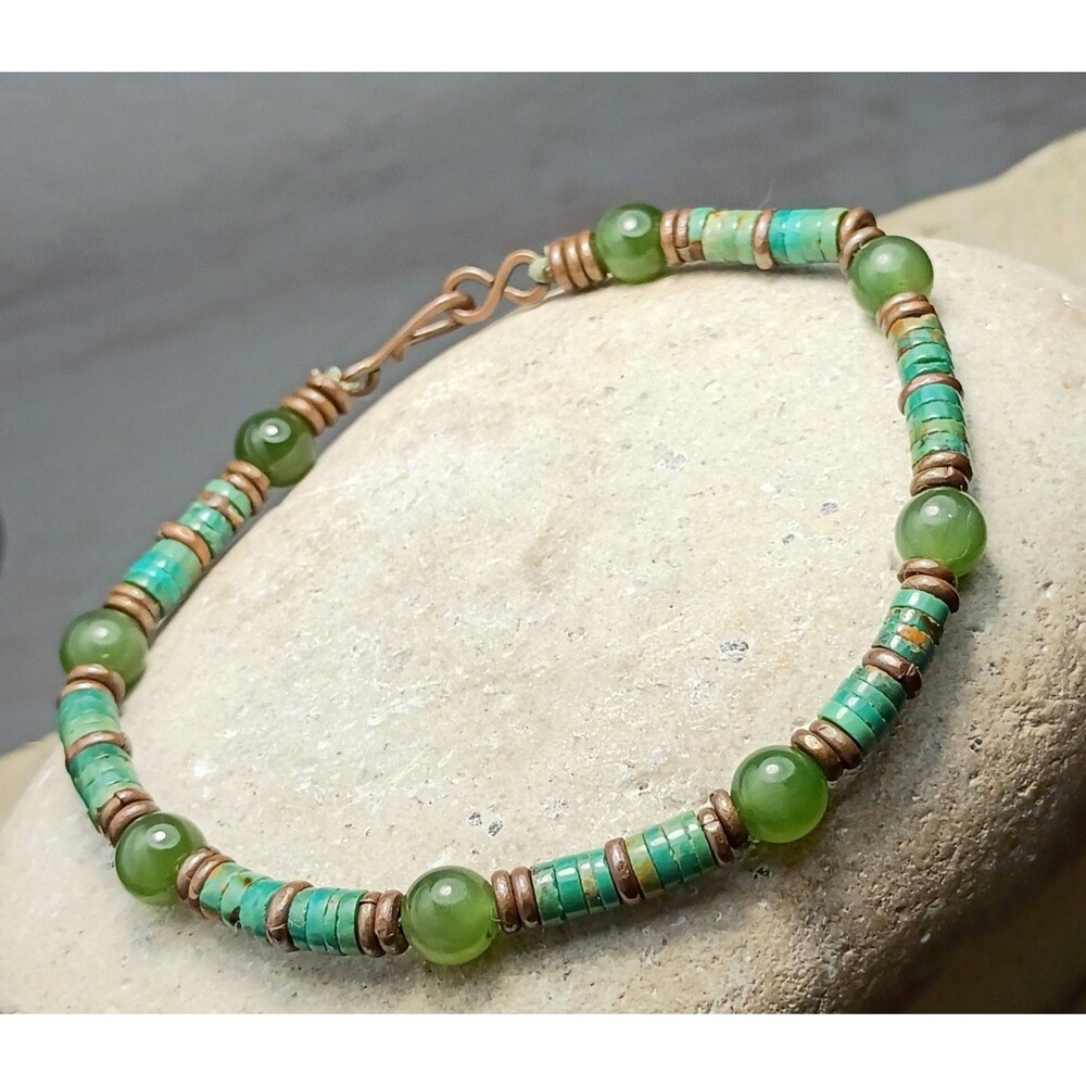 Southwestern Jade Turquoise Heishi Beaded Copper Bracelet